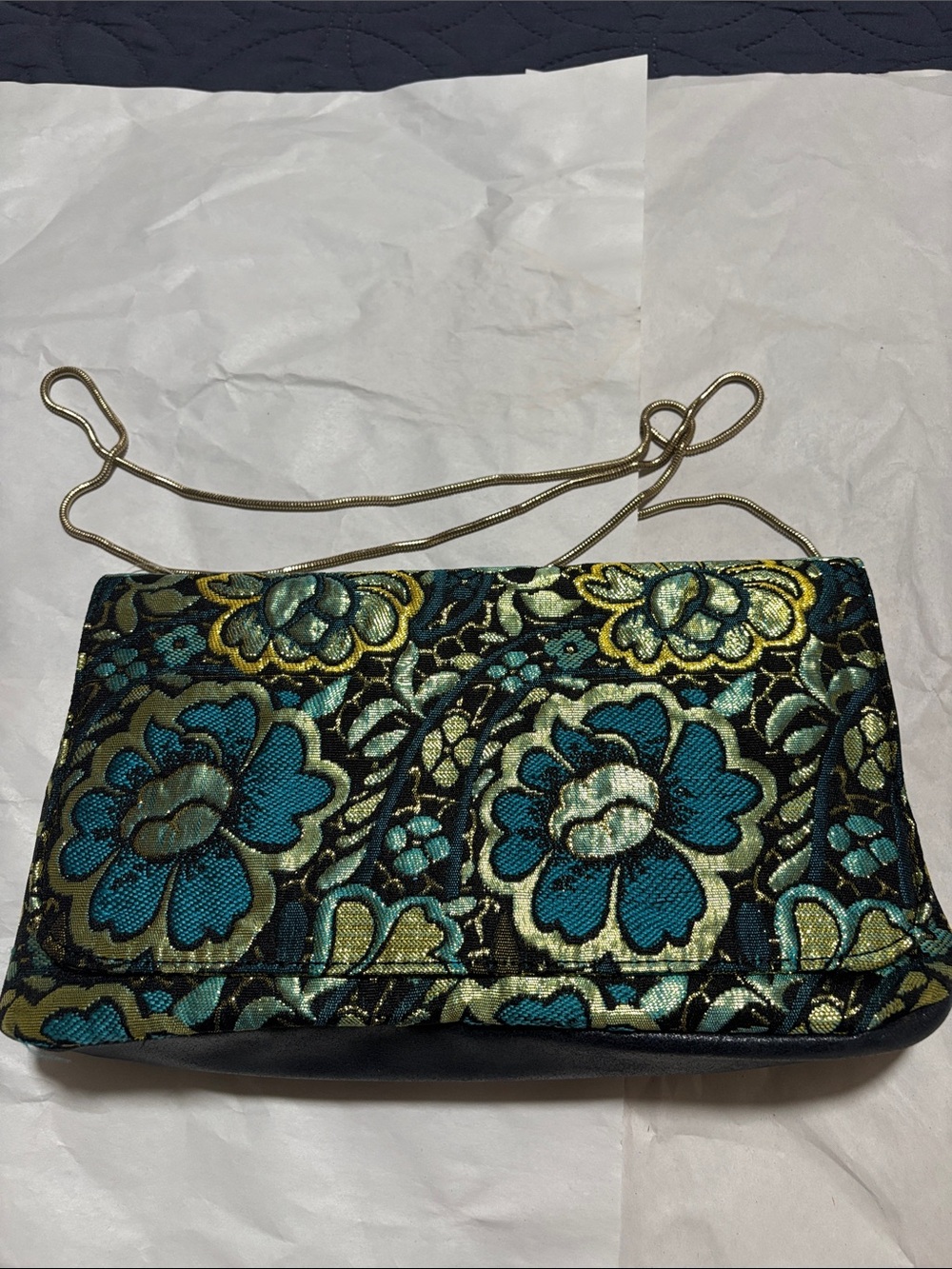 Steve Madden Teal and Gold Floral Brocade Evening Clutch with Chain